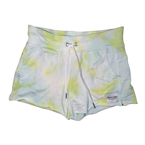 Calvin Klein Performance Yellow Blue Tie Dye French Terry Shorts Women XXL NWT - Picture 2 of 4